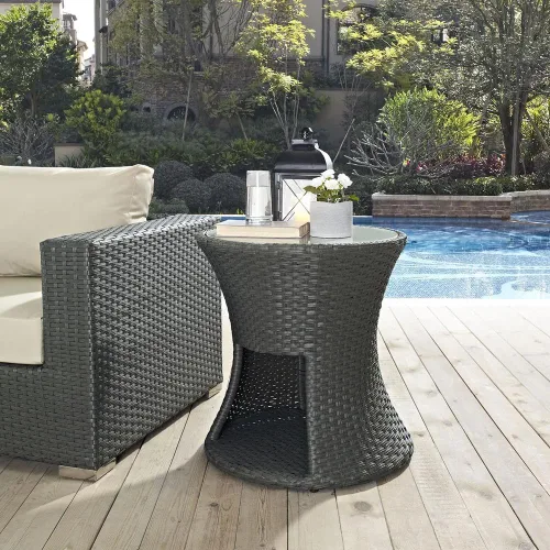 Vista 2 de Modway Sojourn - Mesa auxiliar de mimbre para patio al aire libre, color chocolate