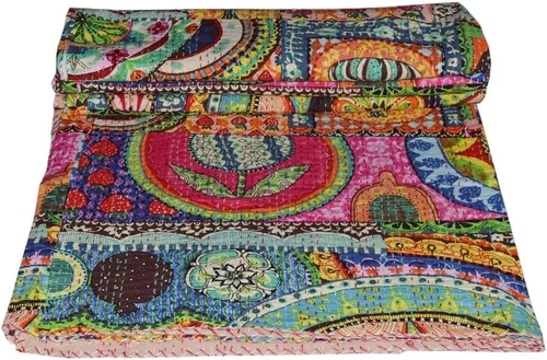 Vista 4 de Manta Kantha tradicional india hecha a mano de algodón súper suave, manta de colcha, colcha de decoración de dormitorio, decoración del hogar