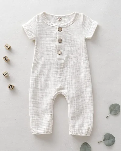 Vista 4 de Saeaby Ropa de bebé para recién nacido, traje de algodón y lino, manga corta, mameluco de una pieza, ropa de bebé
