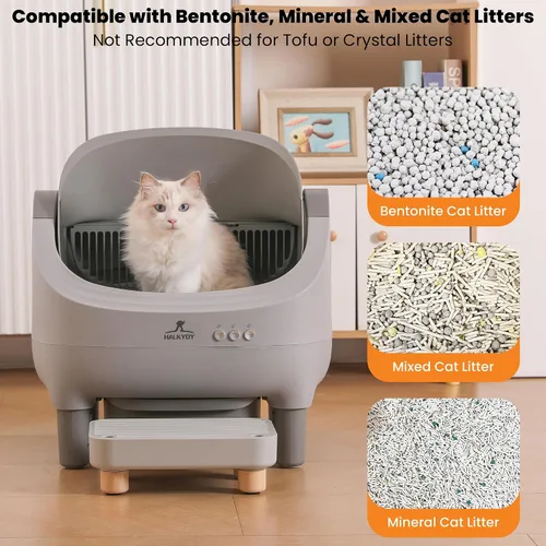 Vista 9 de Caja de arena automática mejorada, autolimpieza, con escalón elevado, parte superior abierta, gran capacidad para múltiples gatos, control de olores