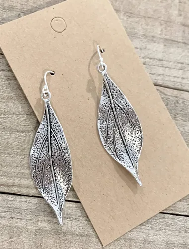 Vista 2 de Wavy Leaf on Sterling Silver Dangle Earrings Bohemian Boho
