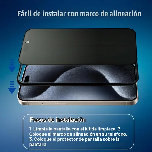 Vista 4 de Paquete de 2 protectores de pantalla de privacidad mate para iPhone 15 Pro Max con marco de fácil instalación, tacto suave y sensible, protección