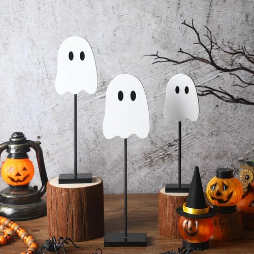 Vista 2 de 3 piezas de decoración de mesa de fantasma de Halloween, bandeja escalonada de madera, centro de mesa, centro de mesa, bloque alto, juego