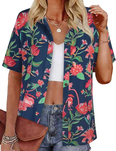 Vista 32 de LILYCHIC Camisas hawaianas de verano con botones de coco para mujer, camisas suaves con botones de manga corta A-hoja floral negra
