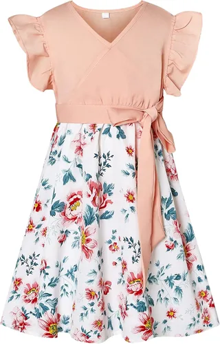 Vista 6 de Trajes familiares a juego, vestidos con estampado floral de mamá y yo, camiseta rosa, trajes a juego