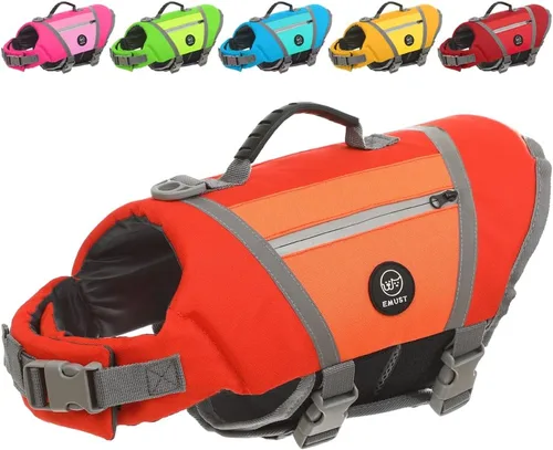 Vista 7 de EMUST Chaleco salvavidas para perro, chaqueta ligera con bolsillos, elegante preservador con asa de rescate y rayas reflectantes para nadar