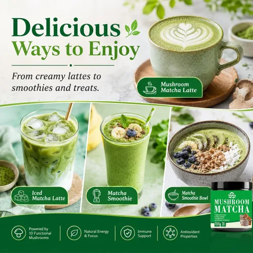Vista 5 de Suiyilary Matcha de hongos, té matcha ceremonial en polvo con 7 hongos superalimentos, sin gluten, sabor genial matcha caliente o frío último, 5.29