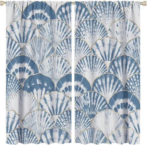 Vista 30 de JESTRONRY Cortina de playa azul y blanca con diseño de estrella de mar y conchas marinas con aislamiento térmico, para oscurecer la habitación, 2