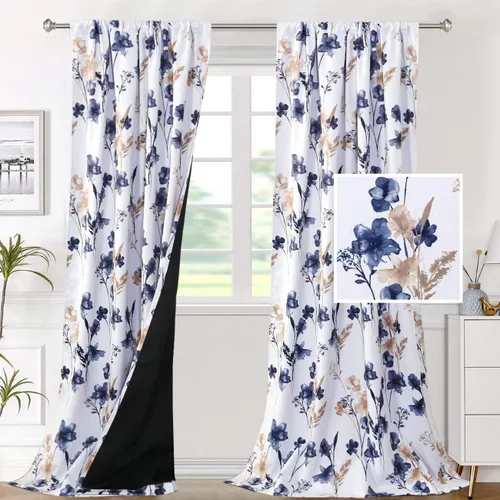 Vista 28 de H.VERSAILTEX cenefas de cortina 100% opacas para ventanas de cocina, juego de 2 paneles, estampado floral Cattleya Leah, cenefas térmicas aisladas