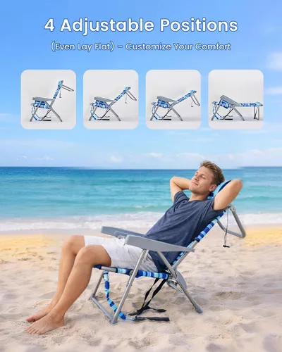 Vista 4 de GVDV Sillas de playa tipo mochila para adultos, silla plegable plana portátil con portavasos y toalleros, silla reclinable ajustable de 4 posiciones