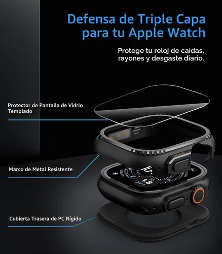 Vista 3 de MoKo Funda de metal para Apple Watch Ultra 3/2/1 de 1.929 in, protector de pantalla de vidrio templado, parachoques y contraportada resistente, Negro