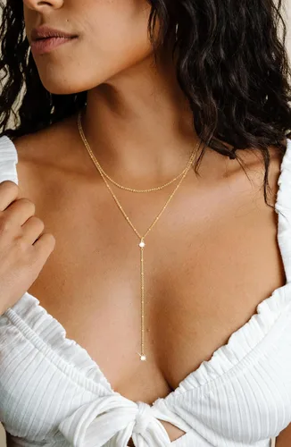 Vista 3 de Lariat Collar de oro para mujer, delicado collar largo chapado en oro de 14 quilatesplata para mujer, collar en forma de Y en capas de moda