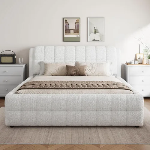 Vista 25 de Moderna cama tapizada de tamaño Queen, forro polar bereber grueso, base de colchón tapizada con cabecera copetuda y soporte de listones de madera