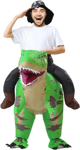 Vista 4 de MXoSUM Disfraz inflable de dinosaurio para adultos, disfraz de jinete T-Rex, divertido disfraz de Halloween para fiesta de cosplay Verde