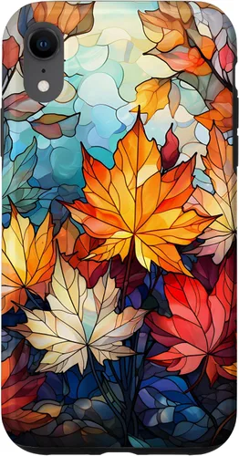 Vista 24 de iPhone 15 Otoño hojas de arce vitrales estilo abstracto caso