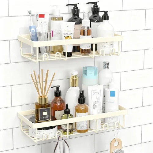 Vista 8 de Moforoco Estante organizador de estante para ducha, cesta autoadhesiva negra para estantes de baño, decoración interior de pared de casa de campo