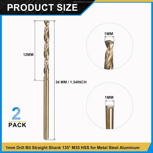 Vista 2 de PATIKIL Broca Jobber de 0.039 in, vástago recto M35 cobalto 5% acero de alta velocidad 135° acabado dorado para metal duro de acero inoxidable - 2