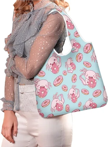 Vista 2 de Belidome Bolsa de comestibles con diseño de donas de ajolotl para compras, lavable, reutilizable, con bolsillo para asa