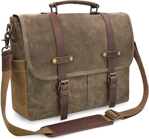 Vista 11 de Bolso mensajero para hombre de 15.6 pulgadas, impermeable, de cuero auténtico, encerado, maletín de lona grande, bolso de hombro de cuero resistente