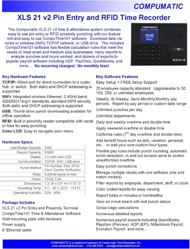 Vista 2 de XLS 21 v2 PIN entrada y RFID tarjeta de identificación de proximidad sistema de reloj de tiempo, WiFi, software CompuTime101 incluido, 0 sin tarifas