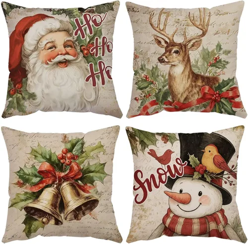 Vista 9 de Juego de 4 fundas de almohada de Navidad de 12 x 12 pulgadas, fundas de almohada de terciopelo de Navidad, fundas de almohada doradas y rojas