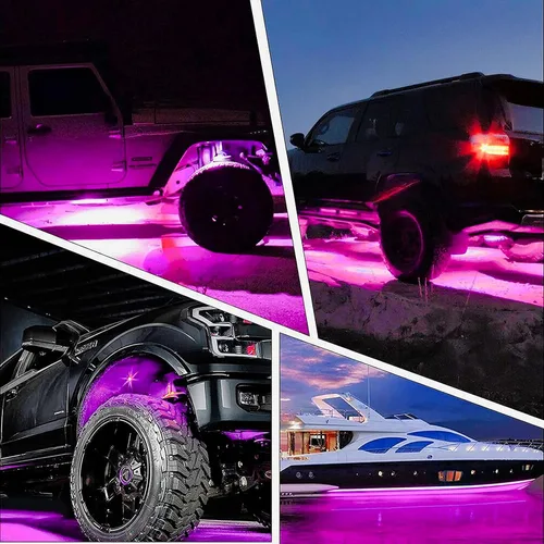 Vista 7 de Luces ledes Rock púrpura rosa con 4 cápsulas de neón de 12 V, kit de debajo de la carrocería, cúpula de arrastre, lámpara de rueda exterior