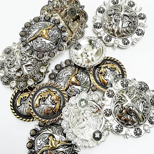 Vista 3 de Horse TACK Antique Grabado Berry Conchos Tornillo Atrás Insignias Cruz Longhorn Steer Cuero Artesanía Bukle 12pcs Mixto