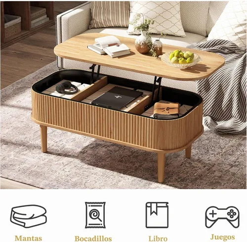 Vista 6 de Mesa de centro acanalada con tapa elevable y almacenamiento oculto, mesa de centro ovalada con tapa elevable, diseño moderno de mediados de siglo