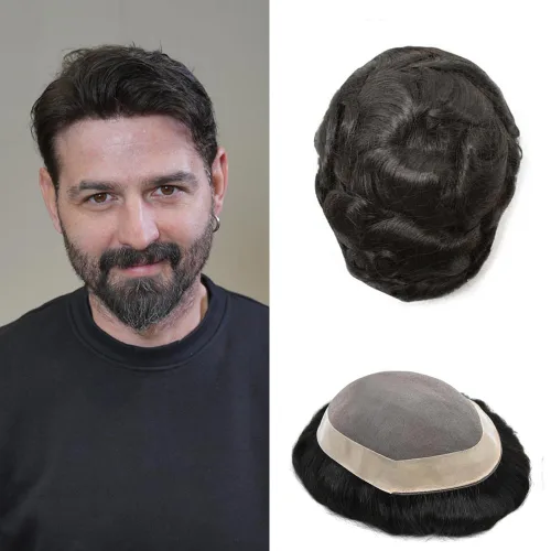 Vista 108 de Mens Toupee Hair Piece Real Human Hair Fine Mono Toupee para hombres Sistema de reemplazo de cabello para hombre Postizo Protesis Capilar Para