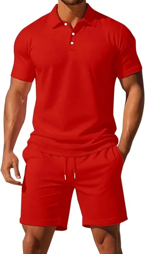 Vista 6 de Conjunto deportivo de 2 piezas para hombre, conjunto deportivo casual de polo y pantalones cortos, conjunto deportivo de verano, playa, talla grande