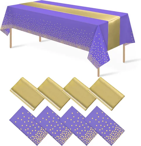 Vista 15 de 8 paquetes de manteles de plástico desechables y juego de camino de mesa de satén negro con dorado, mantel de satén dorado para graduación, boda
