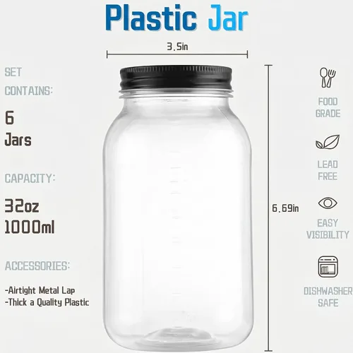 Vista 2 de Novelinks - Tarros de plástico de 32 onzas y tarros de plástico transparente con tapas, 32 onzas 6 Pack, Black, Quart Mason Jars Bulk, Plastic