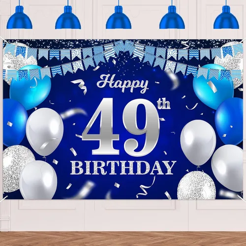Vista 15 de Bandera de feliz primer cumpleaños con fondo azul marino, globos, confeti, bandera de rayas, luces de puntos, felicitaciones por el tema de 1 año