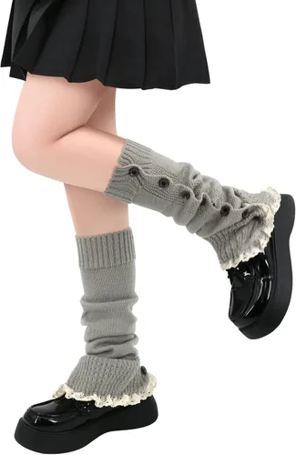 Vista 2 de Calentadores de piernas para mujeres y niñas, estilo japonés, Lolita, calentador de piernas, calcetines largos de punto kawaii, estilo gótico