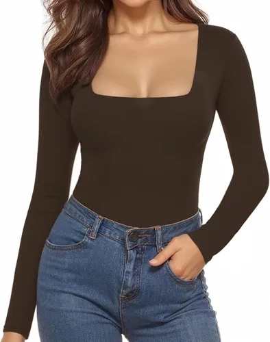 Vista 7 de MANGOPOP - Body de manga corta con cuello cuadrado para mujer