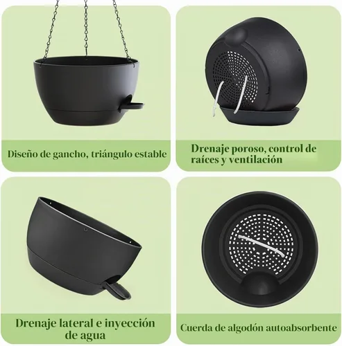 Vista 9 de Macetas colgantes de 10 pulgadas con cadenas, juego de 2, macetas auto-regables de plástico negro para plantas de interior y exterior, decoración