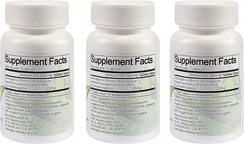 Vista 2 de Crackaging Cycloastragenol 98% Telomere Support 25mg 90Caps en 3 Botellas suplemento de enzima telomerasa