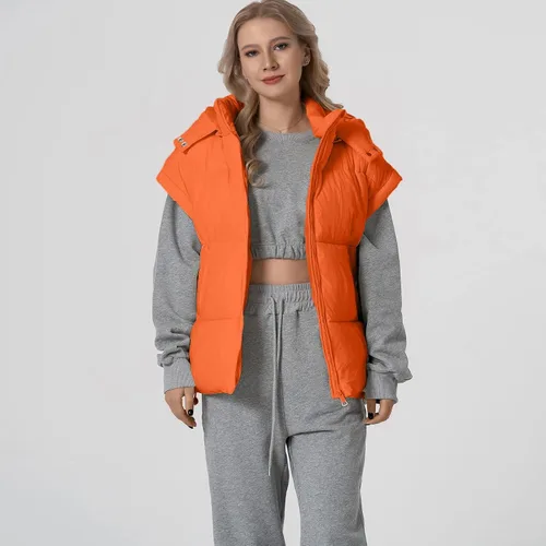 Vista 13 de Shiyifa Chaleco acolchado para mujer, chaqueta de gran tamaño, sin mangas, ligera, con cremallera, con capucha desmontable