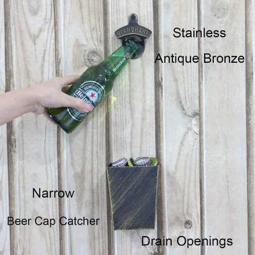 Vista 5 de Abridor de botellas de cerveza antiguo montado en la pared con tapa colector de tapas de acero inoxidable drenado estrecho (bronce envejecido)