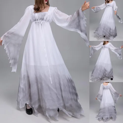Vista 2 de Vestidos de novia fantasma para mujer, Halloween, cosplay, gótico, victoriano, blanco, vestido de novia de bruja de hadas, vestido de novia