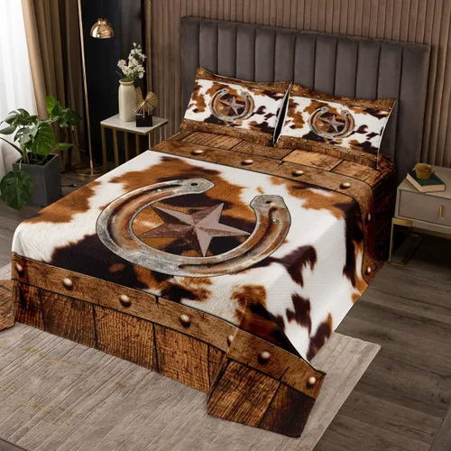Vista 10 de Colcha de caballo de girasol, tamaño individual, ropa de cama acolchada de herradura con estrellas del oeste de Texas para cabaña rústica de granja