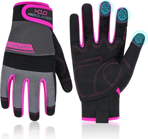 Vista 13 de HANDLANDY Guantes de trabajo para mujer, guantes de jardinería de cuero transpirable para mantenimiento de patio, protección de manos con pantalla
