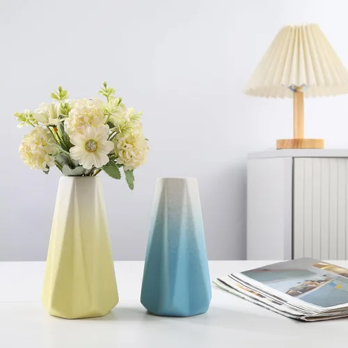 Vista 4 de Jarrón de cerámica amarillo y blanco – Estilo simple de moderno soporte de mesa para decoración del hogar, adecuado para chimenea, dormitorio