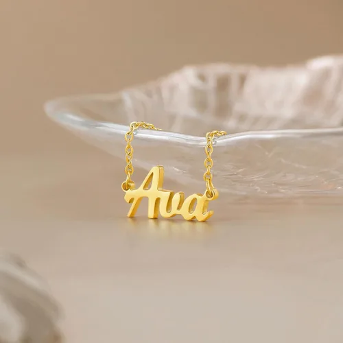 Vista 2 de SANNYRA Collar con nombre personalizado chapado en oro real de 18 quilates con placa de nombre, regalo de joyería para mujeres y niñas