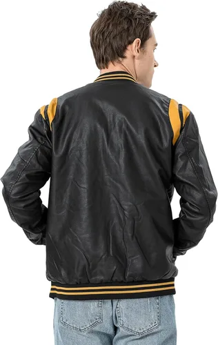 Vista 2 de chuida Chaqueta Bomber de Motocicleta de Cuero Sintético PU para Hombre, Cuello de Pie, Forro Polar, Resistente al Viento, Ligera, Abrigos