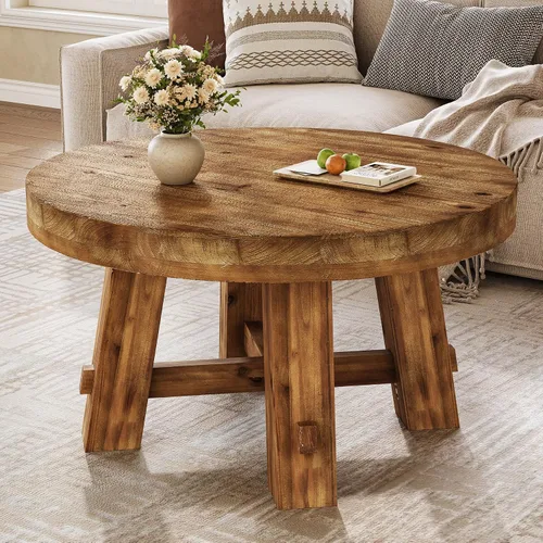 Vista 9 de Mesa auxiliar redonda de 31.5 pulgadas, mesa central de madera maciza con mesa gruesa (marrón claro)