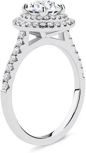 Vista 3 de Anillo de compromiso con doble halo redondo de 2.0 quilates fabricado en laboratorio, cuatro puntas, con certificación IGI en oro rosa amarillo