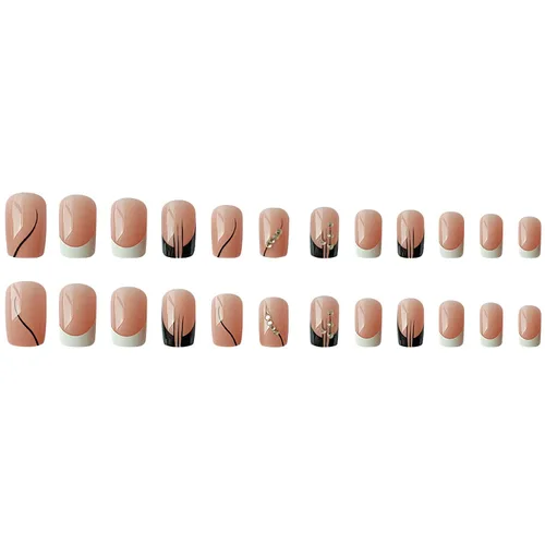 Vista 7 de Uñas postizas a presión de punta francesa, uñas postizas cuadradas blancas, uñas postizas cortas negras con diamantes de imitación, diseños