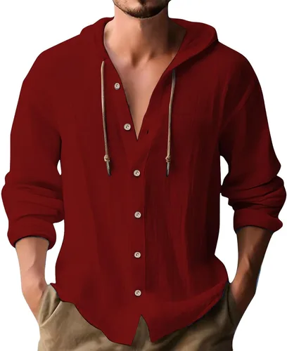 Vista 28 de Camisas de lino para hombre, casual, con botones, de verano, algodón, lino, con capucha, para playa, manga larga, con capucha
