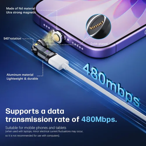 Vista 5 de Adaptador magnético USB C, 240 W PD de carga rápida de 480 Mbps de datos de 9 pines, giratorio de 540° con indicador LED, puntas protectoras